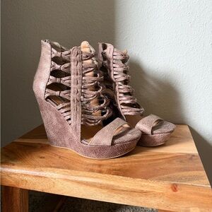 Not Rated Taupe brown Lace-Up Cutout strappy Wedge Sandals
